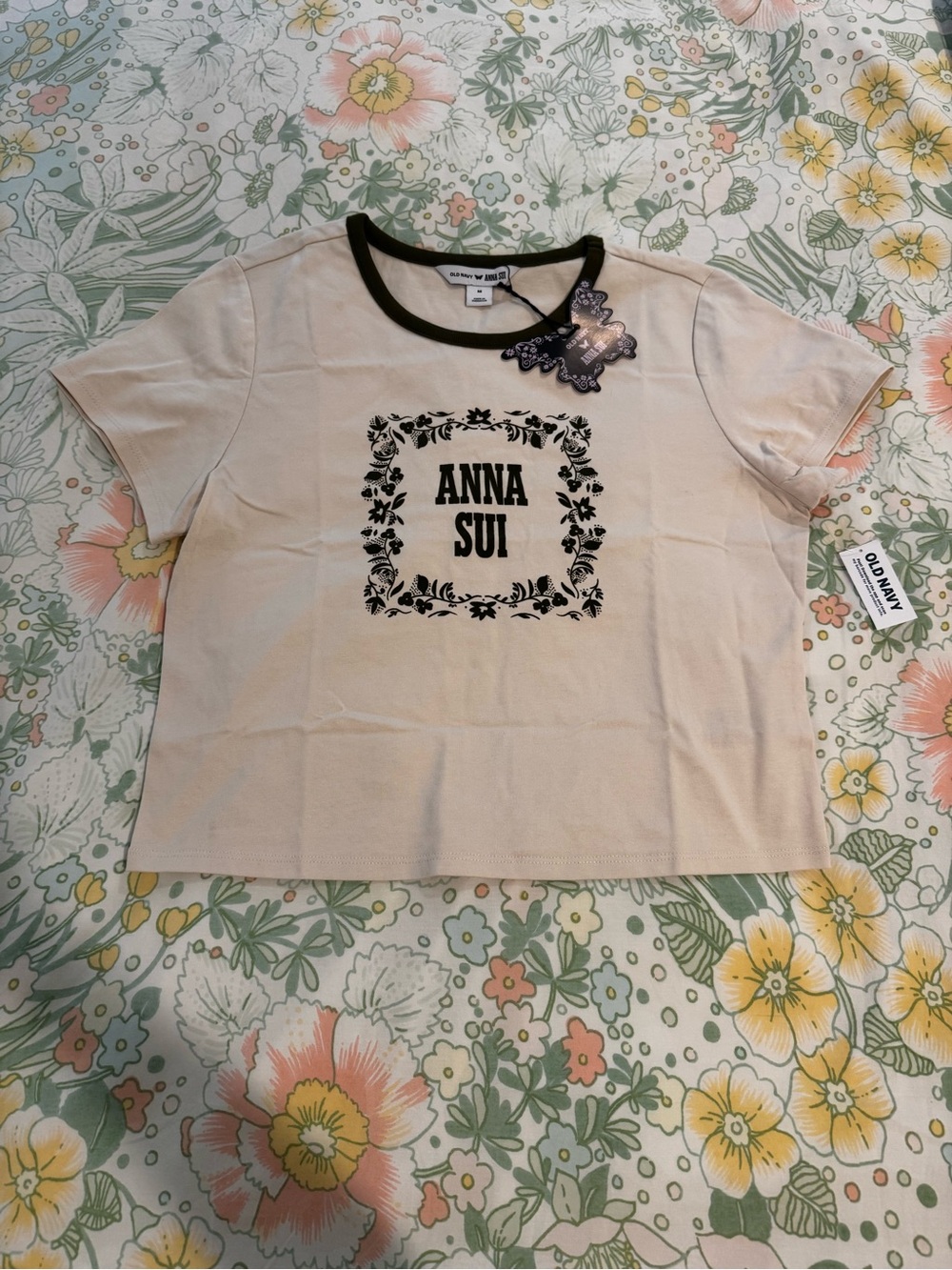 Anna Sui Cream Short Sleeve Tee with Black Floral Logo and Neck Trim